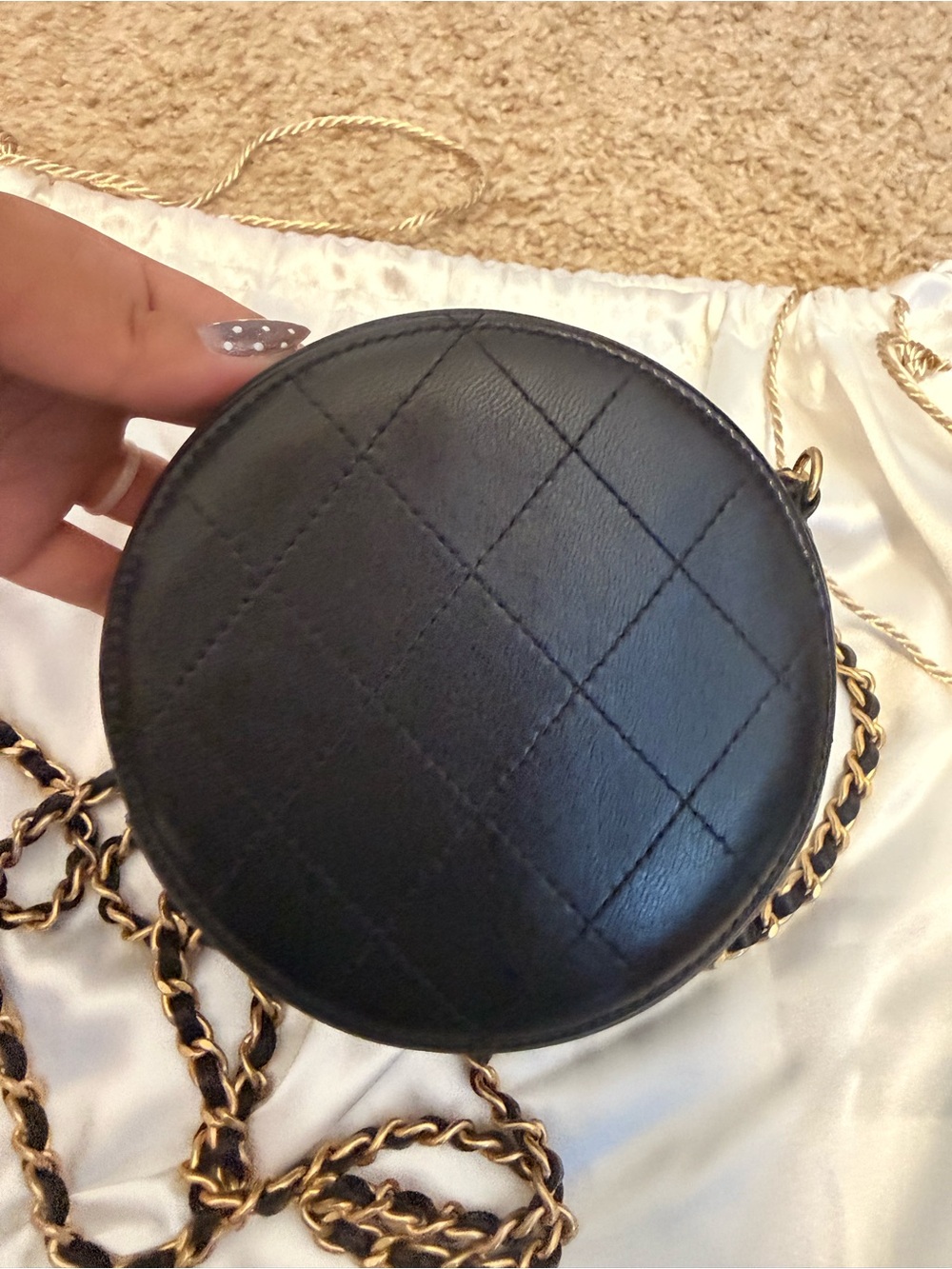CHANEL Black Quilted Round Mini Crossbody with Pearls & Gold Chain - Picture 5 of 8